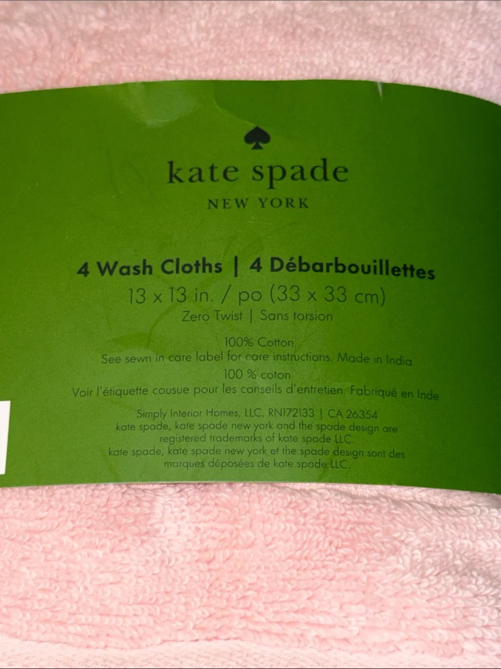 kate spade Pink Cotton Wash Cloths - Set of 4